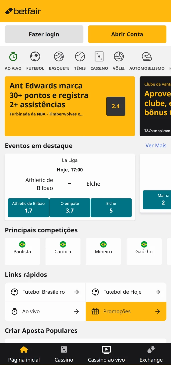 Escolha a seção de esportes da Betfair.