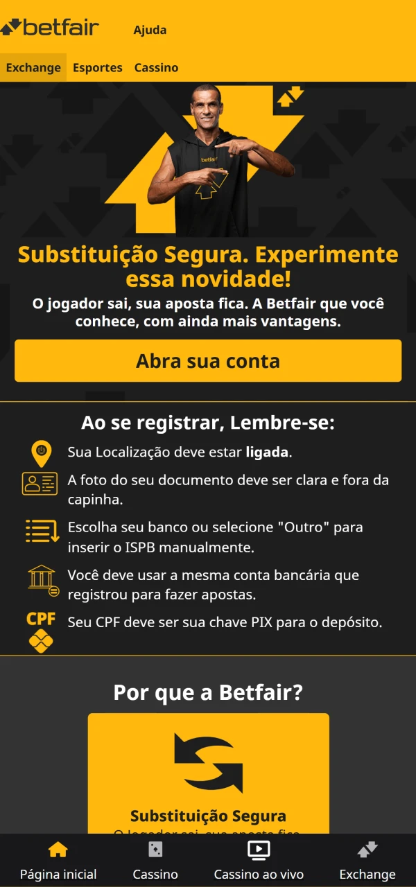 Visite a página inicial da Betfair.