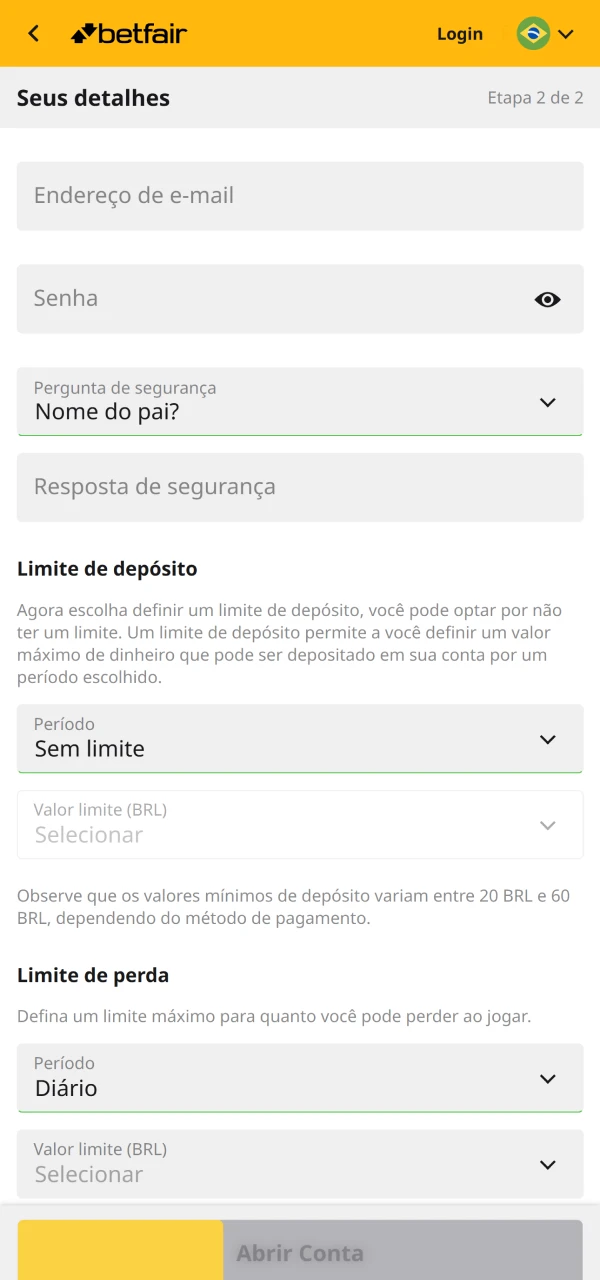 Explore a janela de cadastro da Betfair.
