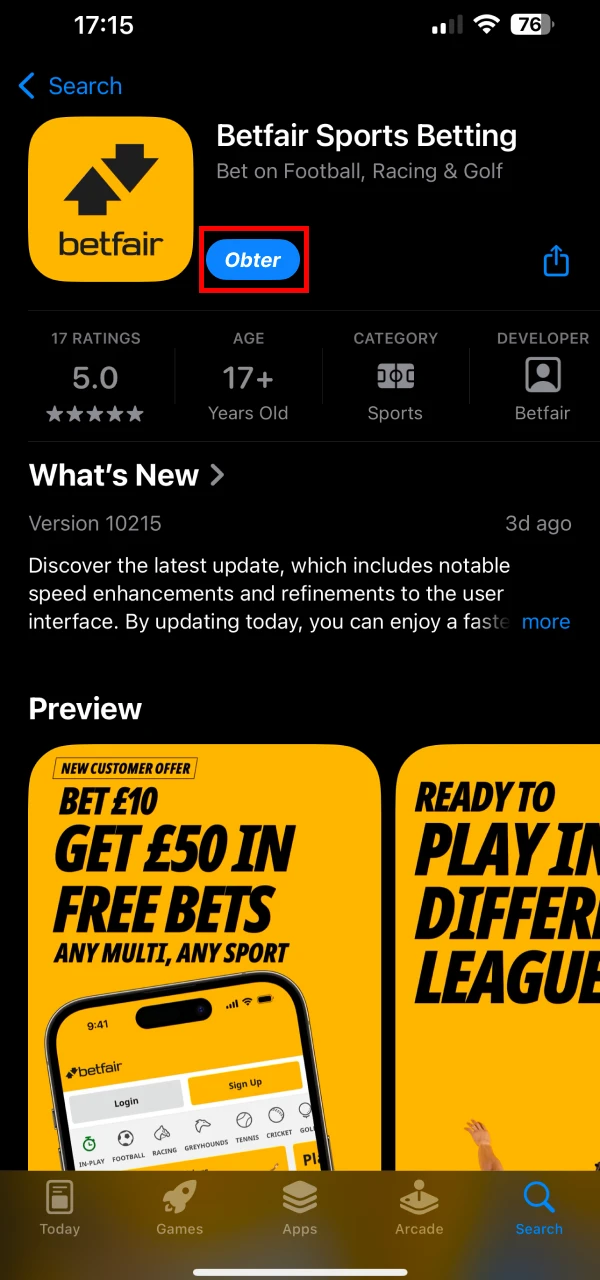 Clique no botão Obter o aplicativo Betfair para iOS.