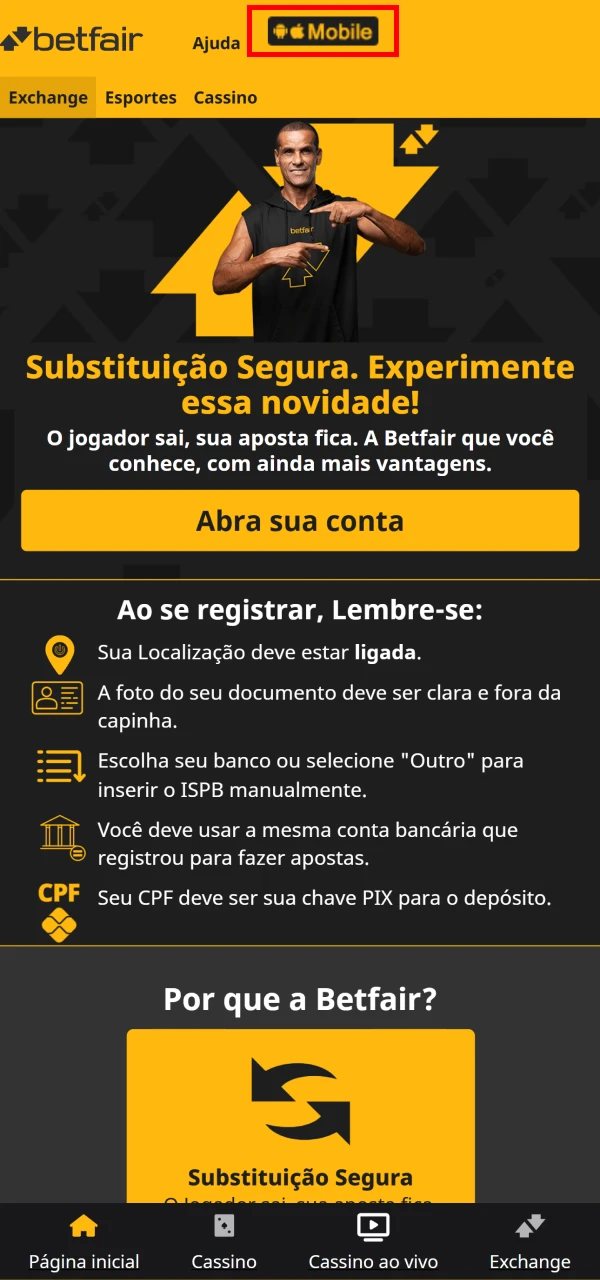 Clique no botão de download para o aplicativo Betfair para iOS.