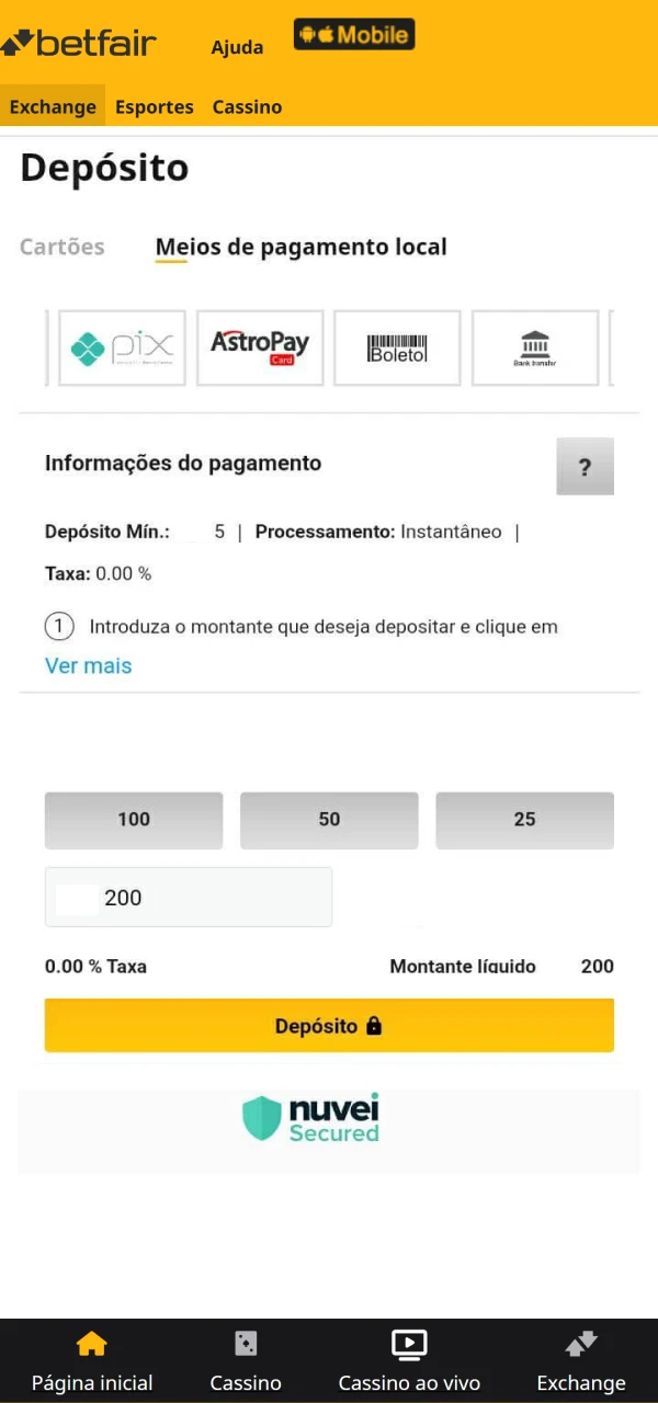 Aumente seu depósito para obter o bônus da Betfair.