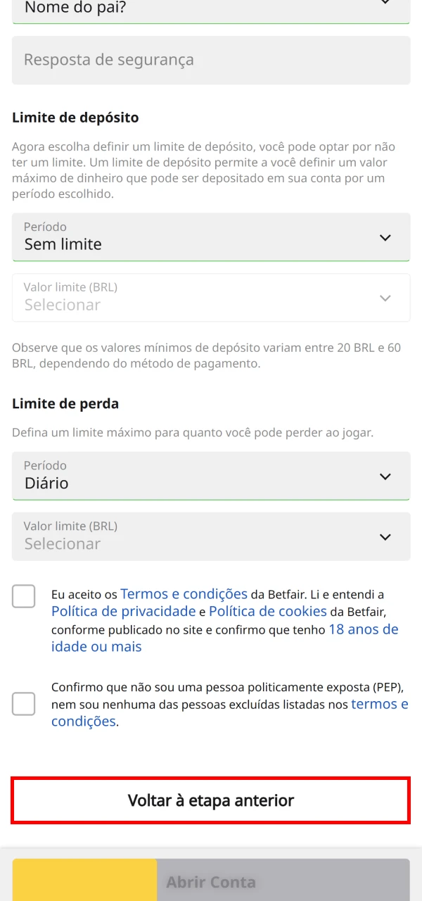 Conclua seu cadastro na Betfair.