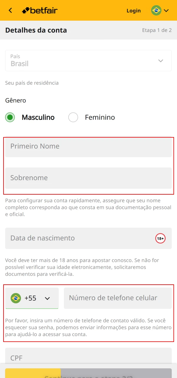 Preencha suas informações pessoais na etapa de cadastro do site da Betfair.