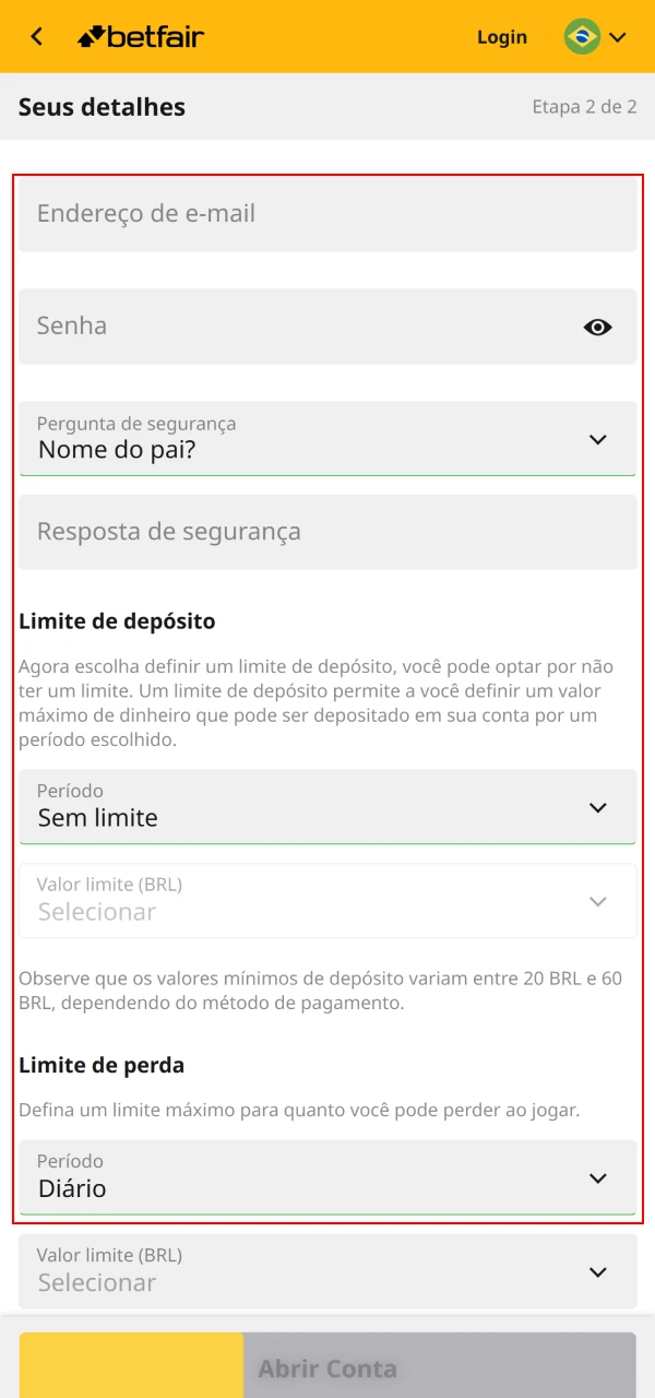 Ao se cadastrar na Betfair, insira seu e-mail e as restrições de saldo.